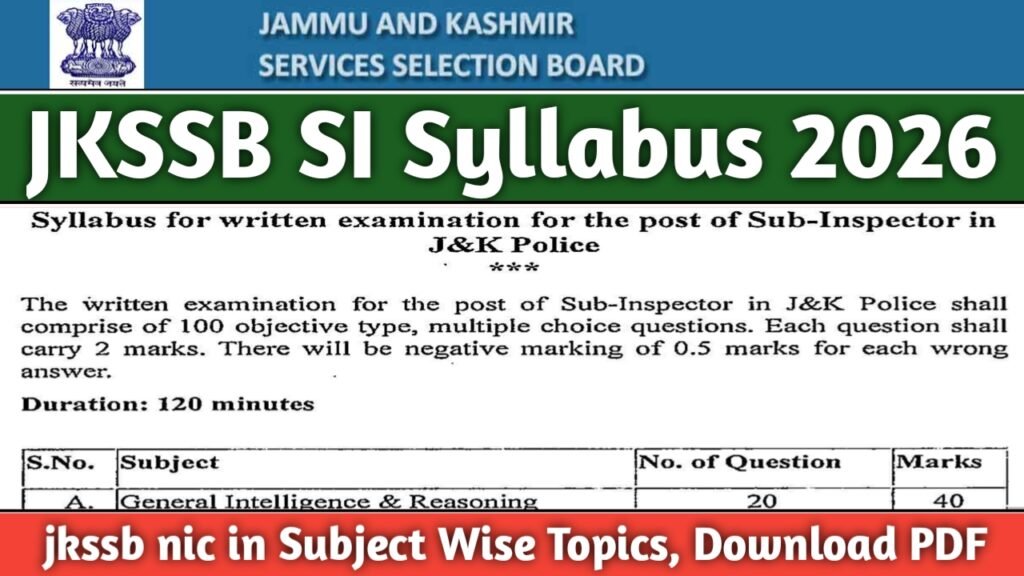 JKSSB SI Syllabus 2026 jkssb nic in JKPSI Subject Wise Topics, Download PDF